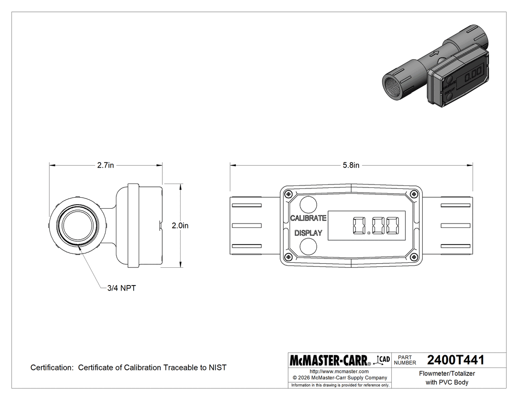Technical Drawing of Flowmeter/Totalizer with PVC Body, 3/4 NPT Female, 2 to 20 gpm, with NIST Certificate.